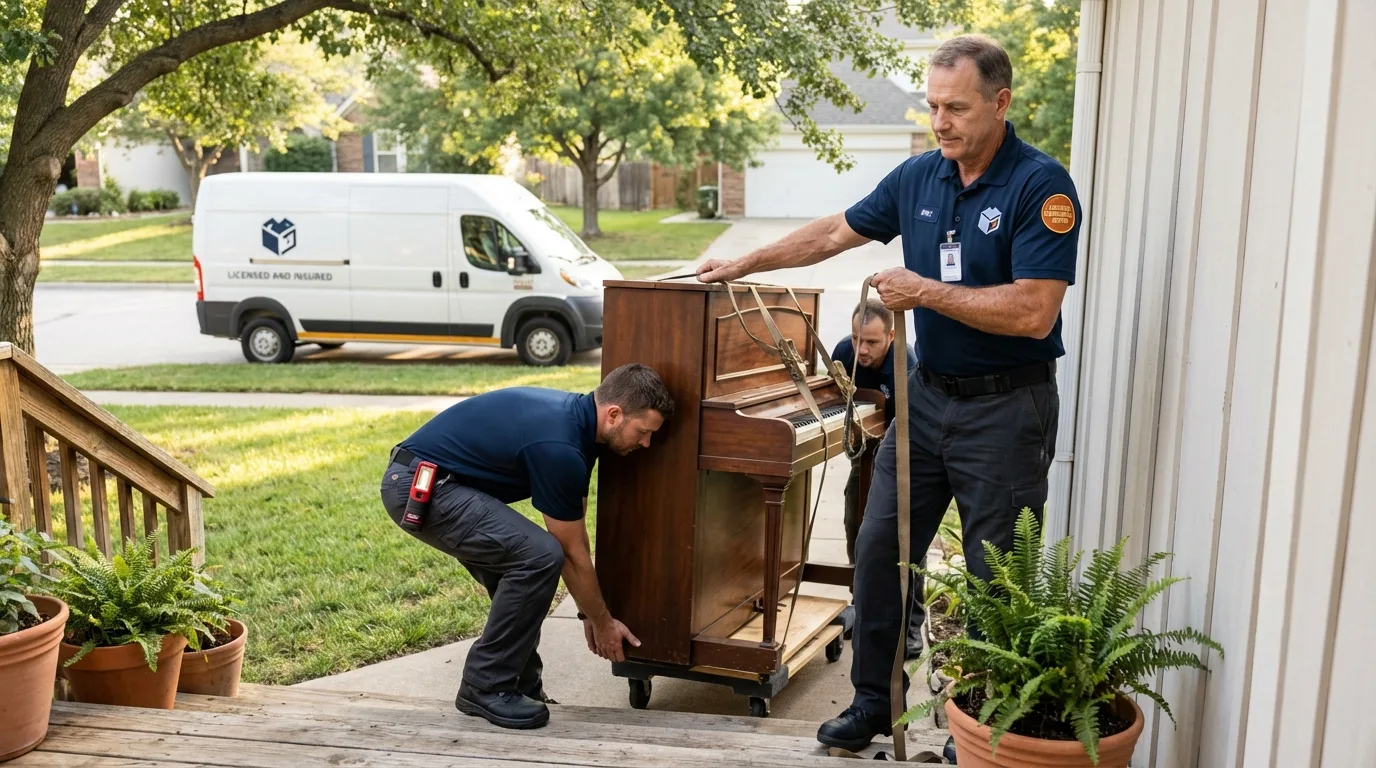 Licensed piano movers securing grand piano in Shady Cove, OR