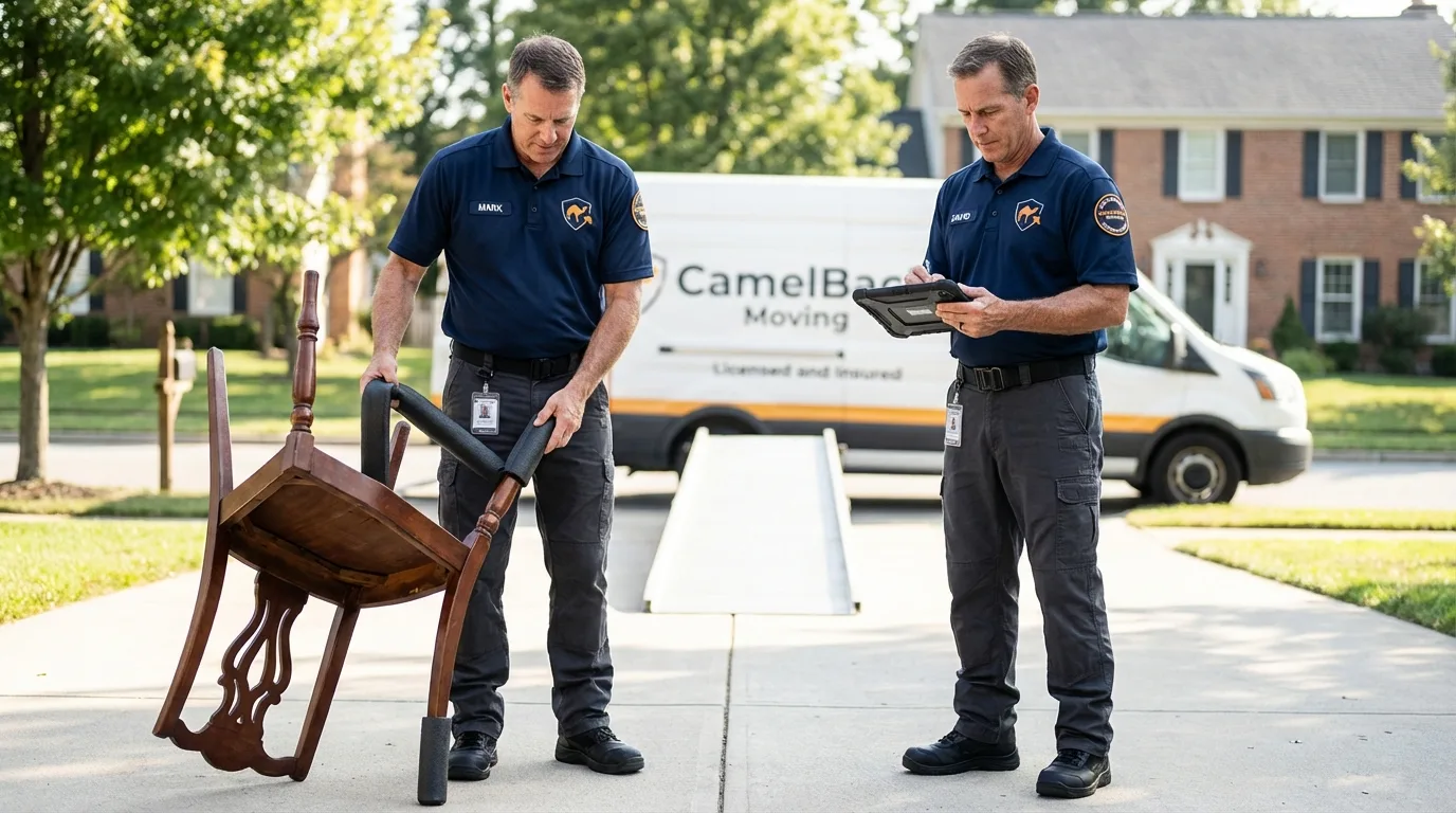 Movers inspecting furniture for damage prevention before loading in Shady Cove, OR
