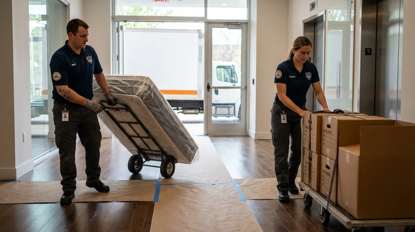 Professional apartment movers loading elevator in Shady Cove, OR