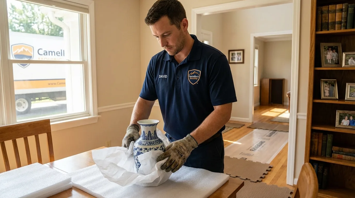 Professional crew carefully wrapping antique vase for senior downsizing move in Shady Cove, OR
